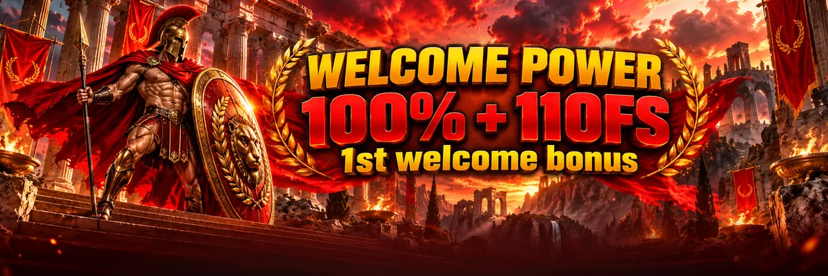 A heroic Roman-style warrior raises a red and gold shield beside ancient Mediterranean columns, presenting a 100% welcome bonus with 110 free spins.
